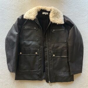 WeWoreWhat Black Leather Jacket with Cream Collar